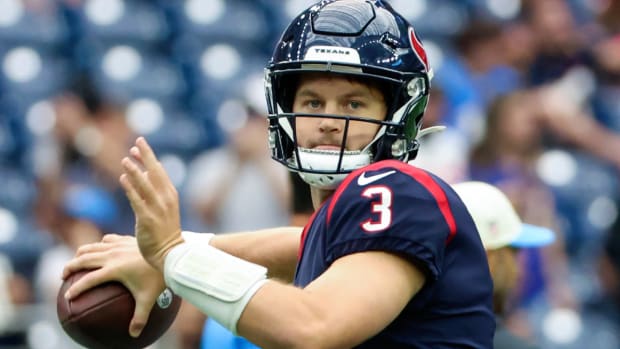 Oct 2, 2022; Houston, Texas, USA; Houston Texans quarterback Kyle Allen (3) warms up before the game against the Los Angeles Chargers at NRG Stadium. Mandatory Credit: Kevin Jairaj-USA TODAY Sports