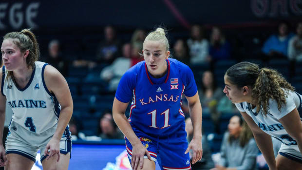 Kansas Jayhawks guard Sanna Strom waits for a free throw during a game against the Maine Black Bears in Moraga, CA at the St Mary's Thanksgiving Classic.