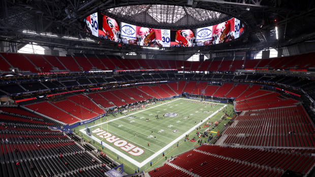 General view of the Mercedes-Benz Stadium before the SEC championship between the Alabama Crimson Tide and the Georgia Bulldogs.