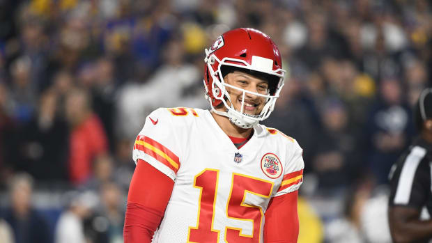 Nov 19, 2018; Los Angeles, CA: Kansas City Chiefs quarterback Patrick Mahomes (15) smiles during a timeout in the second quarter against the Los Angeles Rams at the Los Angeles Memorial Coliseum. Mandatory Credit: Robert Hanashiro-USA TODAY Sports