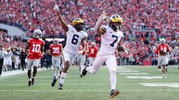 Michigan running back Donovan Edwards runs in the end zone for a touchdown vs. Ohio State.