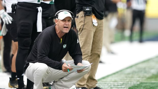 Berkeley, California, USA; Sacramento State Hornets head coach Troy Taylor kneels on the sideline during the second quarter against the California Golden Bears at FTX Field at California Memorial Stadium.