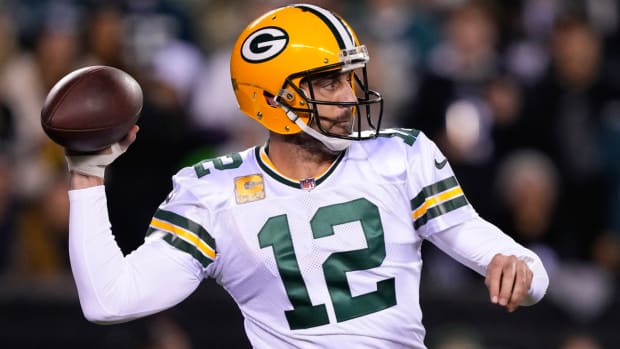 Green Bay Packers quarterback Aaron Rodgers throws during the first half of an NFL football game against the Philadelphia Eagles, Sunday, Nov. 27, 2022, in Philadelphia. (AP Photo/Matt Rourke)