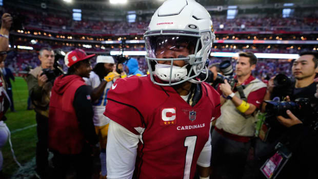 Arizona Cardinals quarterback Kyler Murray (1) walks off the field after an NFL football game against the Los Angeles Chargers, Sunday, Nov. 27, 2022, in Glendale, Ariz. The Chargers defeated the Cardinals 25-24. (AP Photo/Ross D. Franklin)