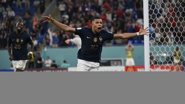 France’s Kylian Mbappe celebrates a goal vs. Denmark.
