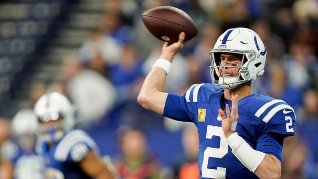 Indianapolis Colts quarterback Matt Ryan (2) draws back to pass Sunday, Nov. 20, 2022, during a game against the Philadelphia Eagles at Lucas Oil Stadium in Indianapolis.