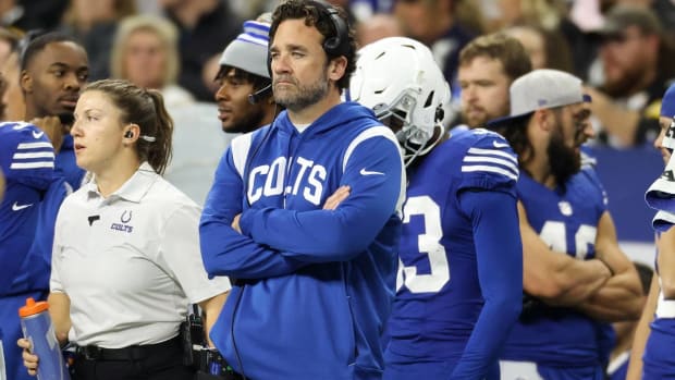 Colts interim head coach Jeff Saturday looks on while coaching a game vs. the Pittsburgh Steelers.