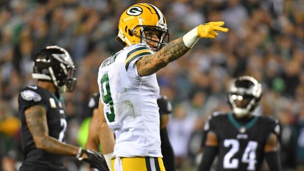 Nov 27, 2022; Philadelphia, Pennsylvania, USA; Green Bay Packers wide receiver Christian Watson (9) signals for a first down after making a catch against the Philadelphia Eagles during the first quarter at Lincoln Financial Field.