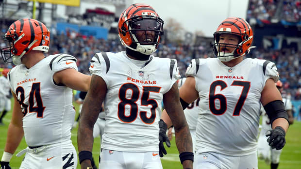 Nov 27, 2022; Nashville, Tennessee, USA; Cincinnati Bengals wide receiver Tee Higgins (85) celebrates after a touchdown during the second half against the Tennessee Titans at Nissan Stadium.