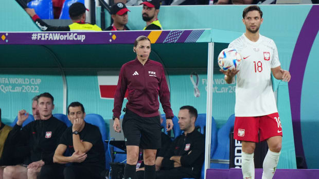 Nov 22, 2022; Doha, Qatar; FIFA fourth official Stephanie Frappart looks on during the match between Mexico and Poland in the first half during a group stage match at the 2022 World Cup at Stadium 974.