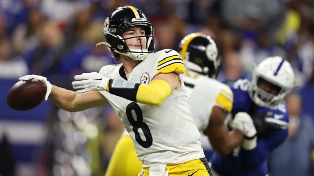 Nov 28, 2022; Indianapolis, Indiana, USA; Pittsburgh Steelers quarterback Kenny Pickett (8) throws a pass during the first half against the Indianapolis Colts at Lucas Oil Stadium.