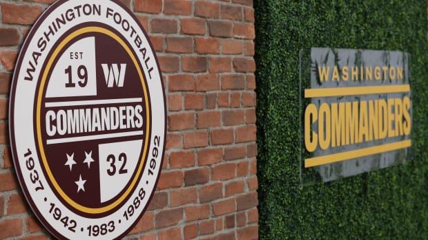 Feb 2, 2022; Landover, MD, USA; A view of the new logos during a press conference revealing the Washington Commanders as the new name for the formerly named Washington Football Team at FedEx Field.