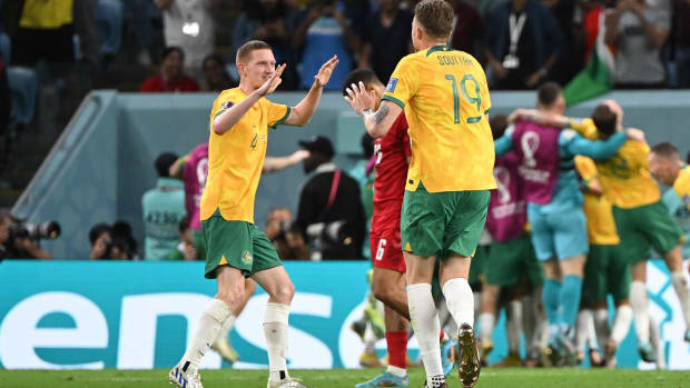 Australia scores against Denmark.