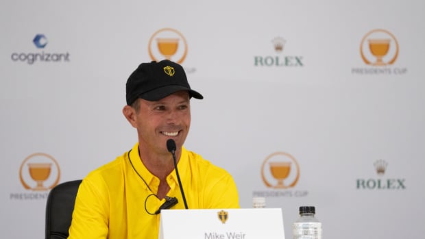 Mike Weir addresses the media at the 2022 Presidents Cup.