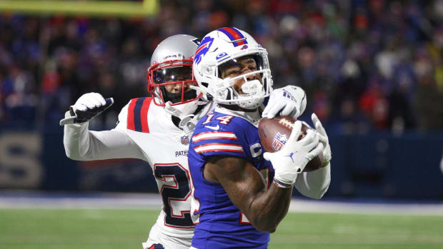 Bills receiver Stefon Diggs makes an over the shoulder catch against the Patriots in a 47-17 playoff win.