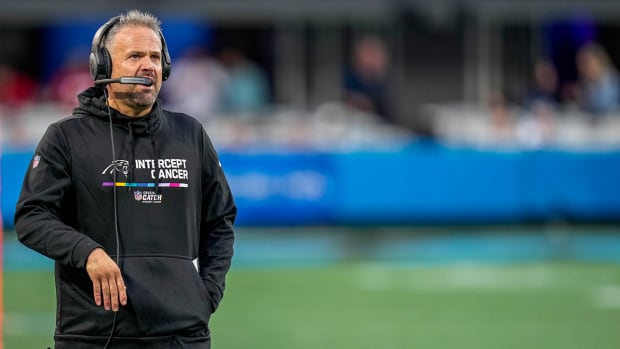 Carolina Panthers head coach Matt Rhule during the second half against the San Francisco 49ers at Bank of America Stadium.