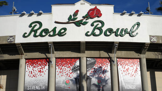 A general overall view of the Rose Bowl Stadium facade during the 2022 Rose Bowl.