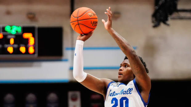 Nov 27, 2022; Orlando, FL, USA; Seton Hall Pirates guard Jaquan Sanders (20) shoots against the Siena Saints during the first half at ESPN Wide World of Sports.
