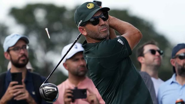 Sergio Garcia watches a tee shot at the 2022 LIV Golf Team Championship at Trump Doral.