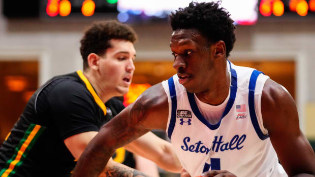 Nov 27, 2022; Orlando, FL, USA; Seton Hall Pirates forward Tyrese Samuel (4) drives to the basket against the Siena Saints during the second half at ESPN Wide World of Sports. Mandatory Credit: Rich Storry-USA TODAY Sports