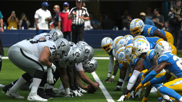 Sep 11, 2022; Inglewood, California, USA; A general overall view of the line of scrimmage between the Las Vegas Raiders and the Los Angeles Chargers at SoFi Stadium. Mandatory Credit: Kirby Lee-USA TODAY Sports