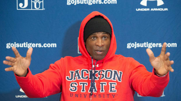 Jackson State head coach Deion Sanders discusses what the Tigers need to work on and what they will face with Alcorn in their upcoming game during a news conference at JSU in Jackson, Miss., Tuesday, Nov. 15, 2022. Tcl Deion Sanders