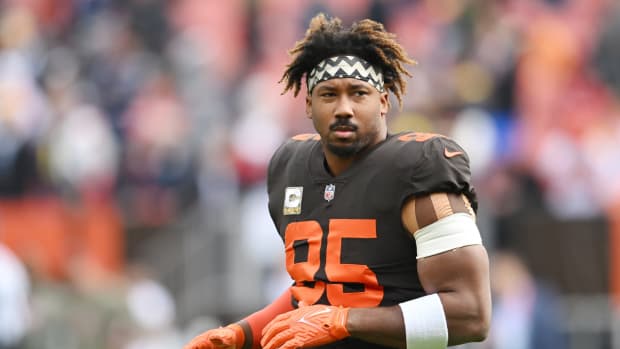 Nov 27, 2022; Cleveland, Ohio, USA; Cleveland Browns defensive end Myles Garrett (95) warms up before the game between the Browns and the Tampa Bay Buccaneers at FirstEnergy Stadium. Mandatory Credit: Ken Blaze-USA TODAY Sports