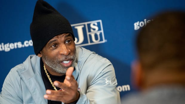 Jackson State football coach Deion Sanders talks about Southern and the upcoming SWAC Championship during a news conference at JSU in Jackson, Miss., Tuesday, Nov. 29, 2022. Tcl Deion Sanders