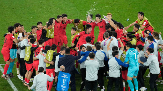 South Korea’s team players celebrate after the World Cup group H soccer match against Portugal.