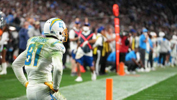 Jan 9, 2022; Paradise, Nevada, USA; Los Angeles Chargers wide receiver Mike Williams (81) reacts after missing a pass in the end zone during an overtime period against the Las Vegas Raiders at Allegiant Stadium. Mandatory Credit: Stephen R. Sylvanie-USA TODAY Sports