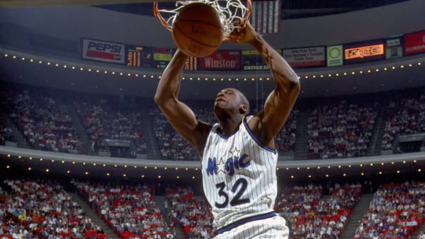 1993 FILE PHOTO; Shaquille O'Neal dunks the ball against the Chicago Bulls at the Orlando Arena