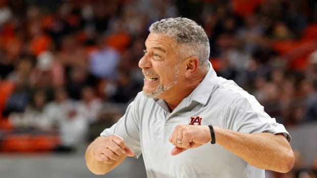 Dec 2, 2022; Auburn, Alabama, USA; Auburn Tigers head coach Bruce Pearl reacts to a call during the first half against the Colgate Raiders at Neville Arena. Mandatory Credit: John Reed-USA TODAY Sports