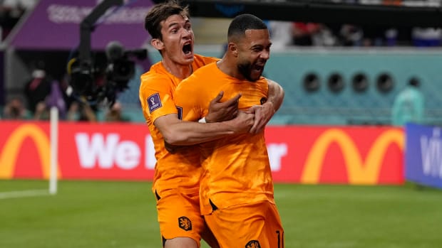 Memphis Depay celebrates a goal for the Netherlands.
