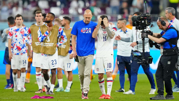 The United States Men's National Team reacts to a loss vs. Netherlands in the World Cup Round of 16.