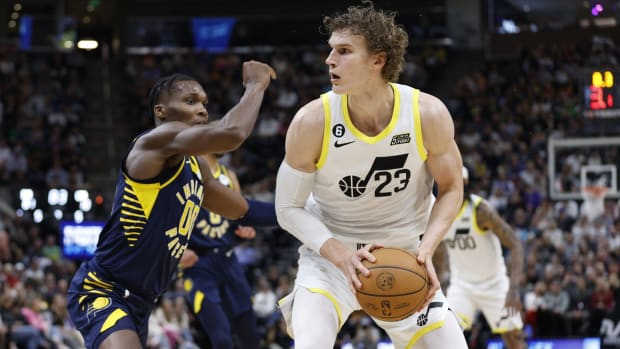 Utah Jazz forward Lauri Markkanen (23) looks to drive Indiana Pacers guard Bennedict Mathurin (00) in the second half at Vivint Arena.