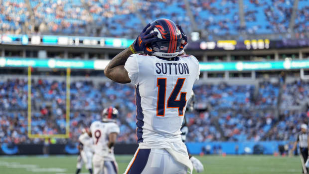 Denver Broncos wide receiver Courtland Sutton (14) reacts to dropping a pass in the end zone during the second half against the Carolina Panthers at Bank of America Stadium.