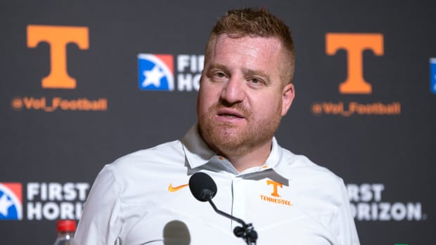 Tennessee football offensive coordinator and tight ends coach Alex Golesh answers questions during media day in Knoxville, Tenn. on Sunday, July 31, 2022. Kns Alice Bar