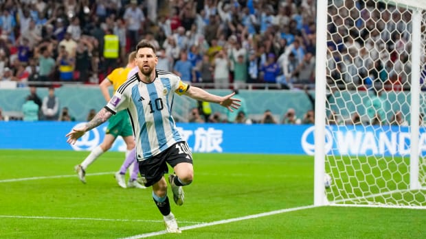 Lionel Messi celebrates a goal vs. Australia.