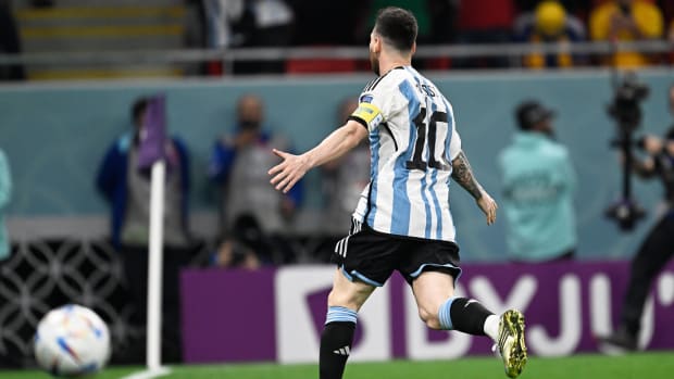 Lionel Messi pictured celebrating after scoring in Argentina's 2-1 win over Australia at the 2022 World Cup
