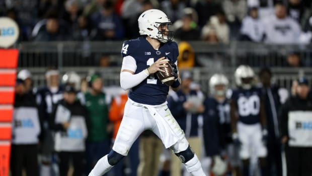 Penn State Nittany Lions quarterback Sean Clifford (14) looks to throw a pass during the third quarter against the Michigan State Spartans at Beaver Stadium. Penn State defeated Michigan State 35-16.