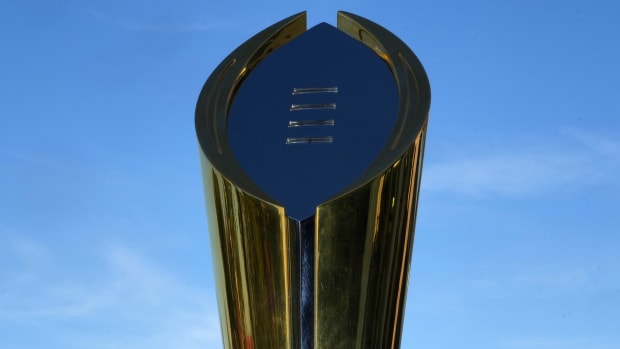 Nov 17, 2022; Los Angeles, California, USA; The College Football Playoff National Championship trophy at CFP press conference at Banc of California Stadium.