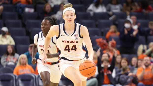 McKenna Dale dribbles the ball down the floor during the Virginia women's basketball game against Wake Forest at John Paul Jones Arena.