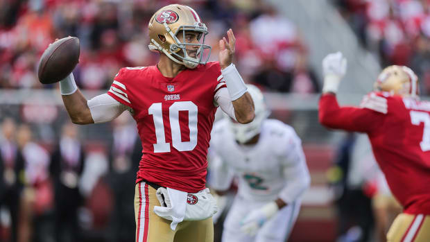 San Francisco 49ers quarterback Jimmy Garoppolo (10) looks to pass during the first quarter against the Miami Dolphins at Levi’s Stadium.