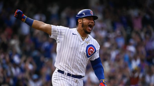 Chicago Cubs catcher Willson Contreras celebrates a home run. (2022)