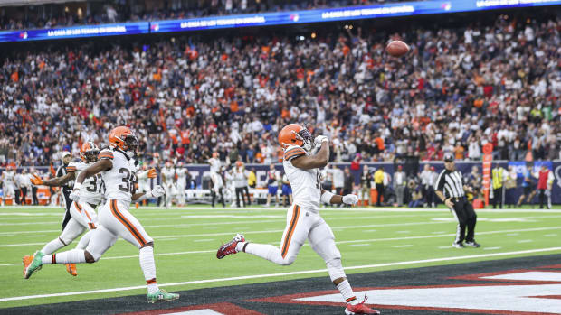 Dec 4, 2022; Houston, Texas, USA; Cleveland Browns wide receiver Donovan Peoples-Jones (11) throws the ball after returning a punt for a touchdown during the second quarter against the Houston Texans at NRG Stadium. Mandatory Credit: Troy Taormina-USA TODAY Sports