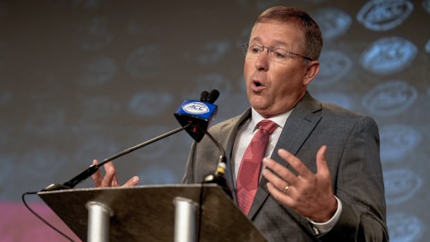 Jul 20, 2022; Charlotte, NC, USA; Louisville head coach Scott Satterfield speaks to the media during ACC Media Days at the Westin Hotel in Charlotte. Mandatory Credit: Jim Dedmon-USA TODAY Sports