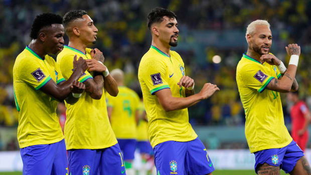 Brazil celebrates one of its goals vs. South Korea