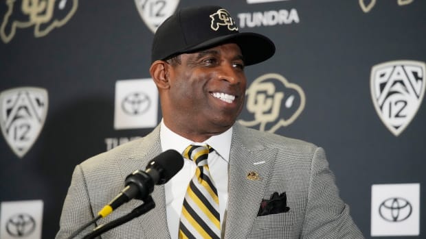 Deion Sanders speaks after being introduced as the new head football coach at Colorado.