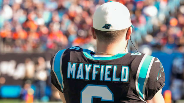Panthers quarterback Baker Mayfield looks at the field during their game vs. the Broncos.