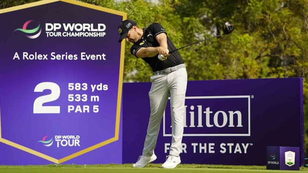 Marcel Schneider tees off during the 2022 DP World Championship.